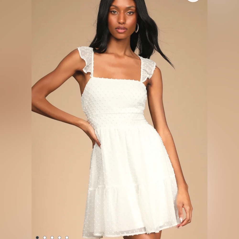 Flutter of My Heart White Swiss Dot Ruffle Tie-Back Mini Dress